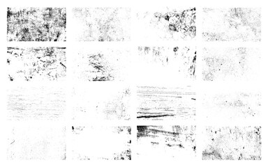 16 Grunge grainy backgrounds collection. Nine dirty distressed overlay textures set. Dirty black and white backdrop. Aging creative design element. Aged messy template.  vector.
