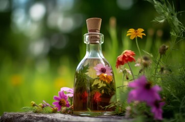 Tincture bottle flower herbs field. Cure preparation care vial remedy. Generate Ai