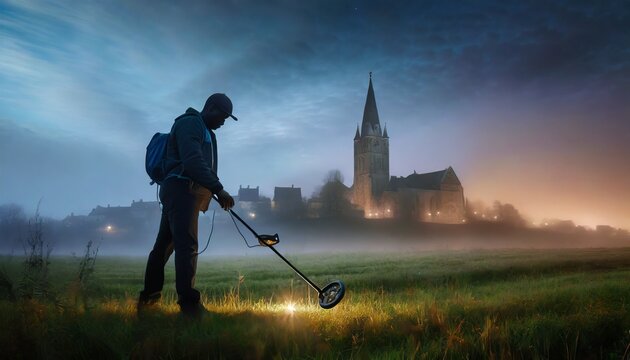 Metal detectorist. Treasure hunter searching for old lost items. Archaeologist