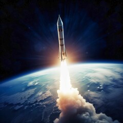 a rocket flies into space from the territory of the earth,