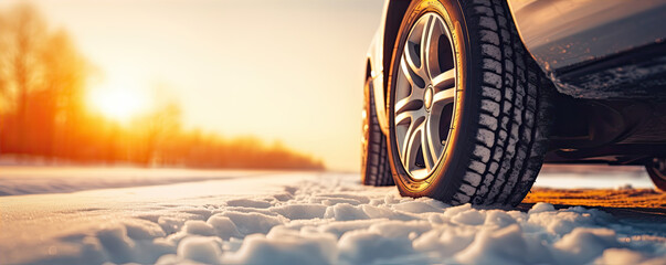Tires on snowy road. Car tire in winter. copy space for text. - obrazy, fototapety, plakaty