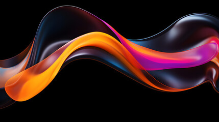 Modern trending abstract black background with curving bright full color ribbon of liquid paint. Template for design presentation, flyer, card, web page. Generative AI.