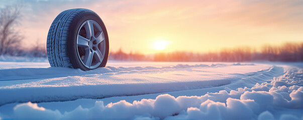 Tires on snowy road. Car tire in winter. copy space for text.