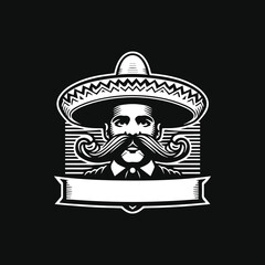 Man wearing sombrero hat vintage logo line art concept black and white color hand drawn illustration, western vintage retro logo
