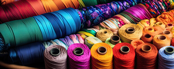 colored bright fabric. detail of sewing color material like fabric, cotton, spool of thread.