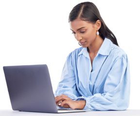 Laptop, typing and business woman for online marketing, social media planning and copywriting research. Editing, blog and creative worker or person on computer isolated on transparent png background