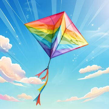 Blue sky artistic background with white fluffy clouds, flying kite