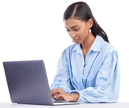 Laptop, typing and business woman for online marketing, social media planning and copywriting research. Editing, blog and creative worker or person on computer isolated on transparent png background