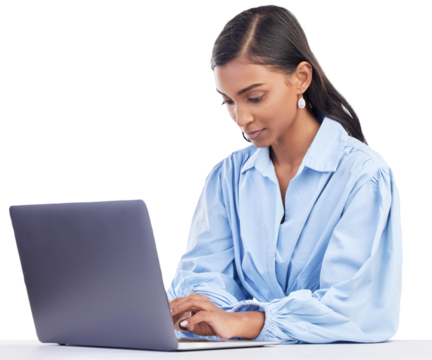 Laptop, typing and business woman for online marketing, social media planning and copywriting research. Editing, blog and creative worker or person on computer isolated on transparent png background