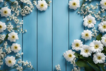 White jasmine flowers on blue wooden background. Space for text