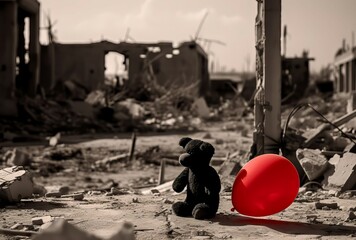 War toy with red balloon. Destroyed street of city dramatic catastrophe. Generate Ai