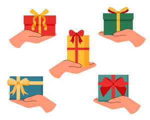 Set of gift boxes in the hands isolated on white background. Holiday concept. 