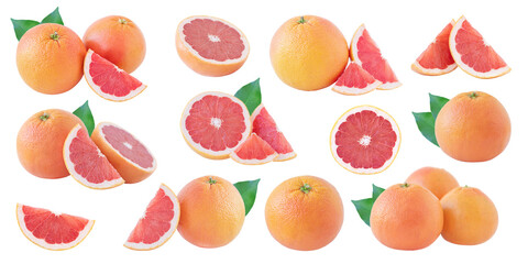 Set of grapefruits with leaves isolated on white background.