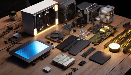 Computer parts laid out on a table. PC assembly