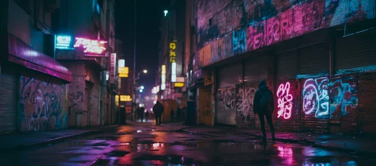 Poster Gloomy Lane of a futuristic city in the style of cyberpunk. Neon-lit Street with a lot of graffiti on the walls of old buildings. Grunge night cityscape. © Valeriy