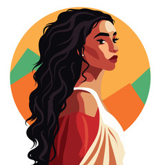 Vector avatar icon beautiful native american woman, indigenous peoples of america in a field against sunset background. World peace. International Women's Day. Vector concept of freedom.