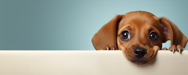 Cute little dog looks from the corner above table. copy space for text - obrazy, fototapety, plakaty