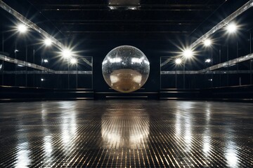 Empty disco hall with disco ball and lights, background stage ramp - obrazy, fototapety, plakaty