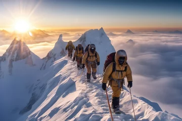 Papier Peint photo autocollant Everest Image of a group of Sherpas and mountaineers climbing Mount Everest on a sunny day. It goes with all their equipment to be able to reach the summit.