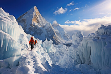 Image of a group of Sherpas and mountaineers climbing Mount Everest on a sunny day. It goes with all their equipment to be able to reach the summit.