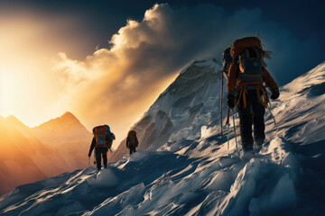 Image of a group of Sherpas and mountaineers climbing Mount Everest on a sunny day. It goes with all their equipment to be able to reach the summit. - obrazy, fototapety, plakaty