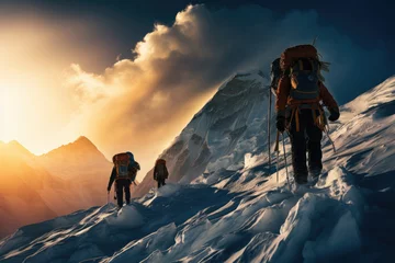 Papier Peint photo Everest Image of a group of Sherpas and mountaineers climbing Mount Everest on a sunny day. It goes with all their equipment to be able to reach the summit.