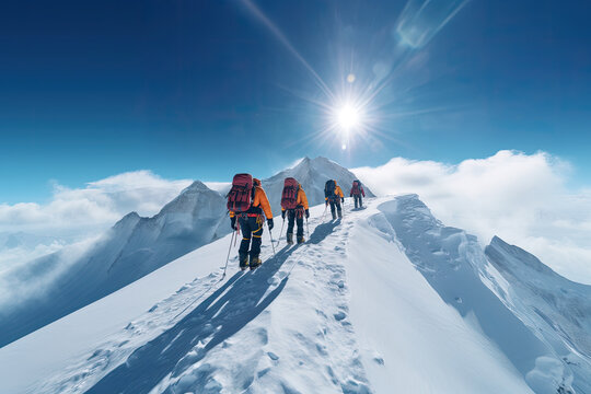Image of a group of Sherpas and mountaineers climbing Mount Everest on a sunny day. It goes with all their equipment to be able to reach the summit.