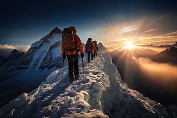 Image of a group of Sherpas and mountaineers climbing Mount Everest on a sunny day. It goes with all their equipment to be able to reach the summit.
