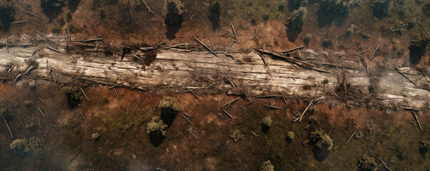 Deforestation or forest cutting top view. Aerial view of cut forest.copy space for text.