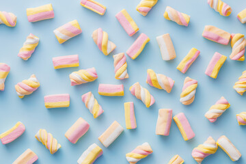 Sweet colorful marshmallows on blue background. Top view.