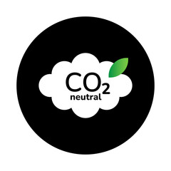 CO2 neutral round sticker vector icon. Eco friendly label of cloud with CO2 neutral text and green leaf isolated on black background. CO2 emissions reduction, zero carbon footprint concept vector.