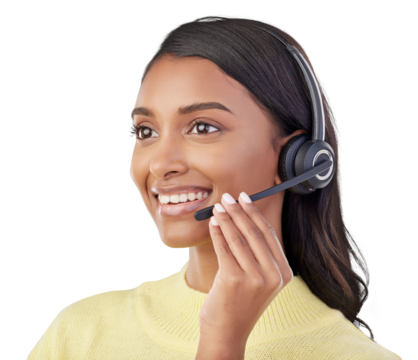 Call center, face of woman and consultant smile for customer service, faq or isolated on transparent png background. Indian female, telemarketing agent and thinking of CRM advice, sales and questions