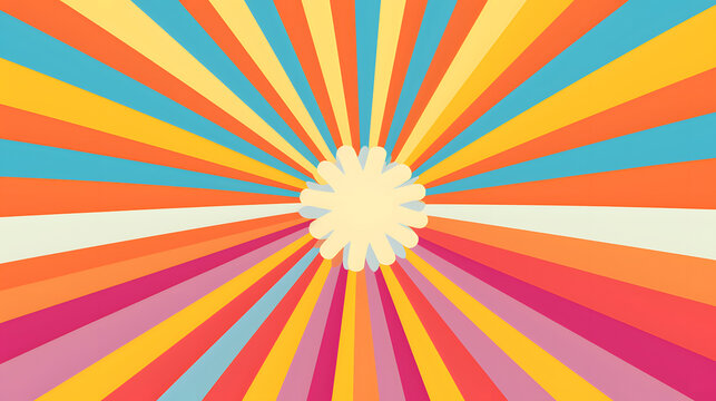 Retro 60s and 70s groovy carnival background. Sun and rainbow swirl pattern, vintage poster vibes. Funky ray elements, circle motifs, reminiscent of circus themes. Generative AI.
