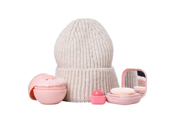 PNG,knitted hat with gloves and accessories, isolated on white background