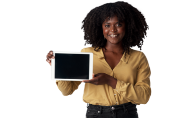 Isolated woman, tablet and screen with space for mock up, promotion and logo by transparent png background. African student girl, digital touchscreen and empty for branding, app and smile in portrait