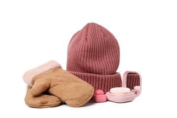 PNG,knitted hat with gloves and accessories, isolated on white background