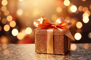 Christmas gift in shining golden wrapping paper with a ribbon bow and some Christmas lights