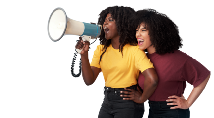 Megaphone, fashion and woman or friends voice for news, broadcast or student sale isolated on transparent png background. African people, gen z or youth announcement and clothes promotion or discount