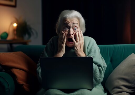 Woman laptop scary movie. Senior female dark horror on sofa. Generate Ai