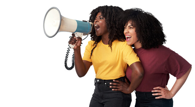 Megaphone, fashion and woman or friends voice for news, broadcast or student sale isolated on transparent png background. African people, gen z or youth announcement and clothes promotion or discount