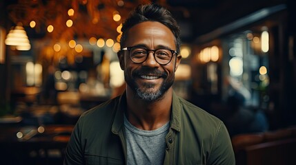 Obraz premium Smiling mature man wearing spectacles looking at camera. Portrait of black confident man at home. Man portrait illustration. Generative AI