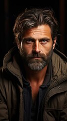 Obraz premium Handsome mid adult man with beard and crossed arms looking at camera. Mature middle eastern man against grey wall and smiling. Man portrait illustration. Generative AI
