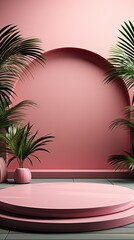 Abstract pink color gradient studio background for product presentation. Empty room with shadows of window and flowers and palm leaves. Background with shadow. Generative AI