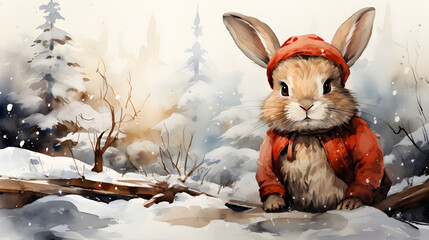 Watercolor illustration of cute rabbit on winter background 