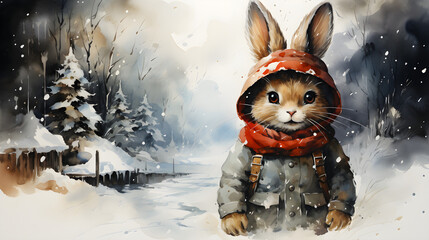 Watercolor illustration of cute rabbit on winter background 