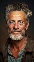 Portrait Of A Mature Man Smiling At The Camera. on white. Left side. Man face portrait illustration. Generative AI