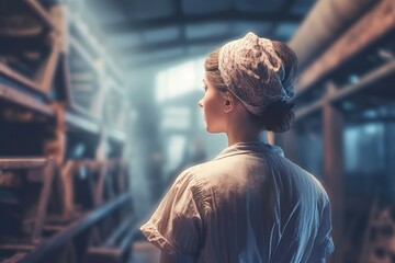 Factory vintage woman worker portrait. Girl occupation skill indoor. Generate Ai - obrazy, fototapety, plakaty