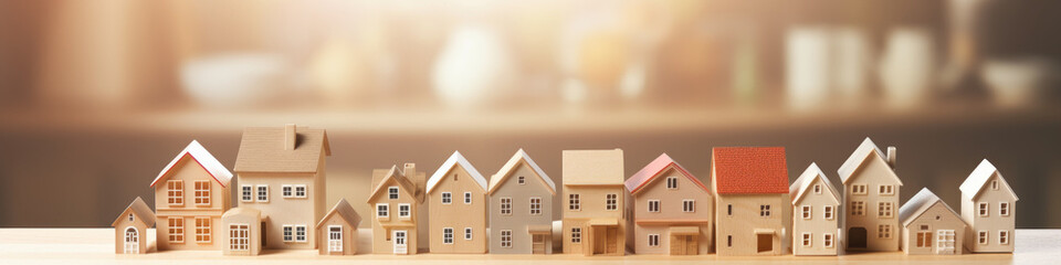 Mortgage crisis, toy wooden block houses in a row on the kitchen worktop, - obrazy, fototapety, plakaty