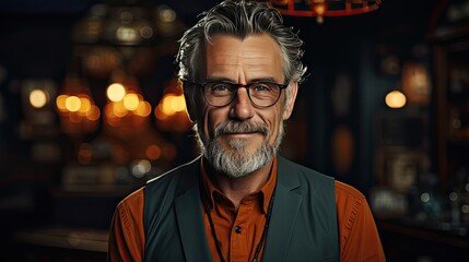 Fototapeta premium Portrait of happy mature businessman wearing spectacles and looking at camera. Man portrait illustration. Generative AI