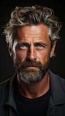 Fototapeta premium Portrait of beautiful mature blonde bearded guy with trendy hairdo in casual grey shirt smiling and looking in camera. Man face portrait illustration. Generative AI